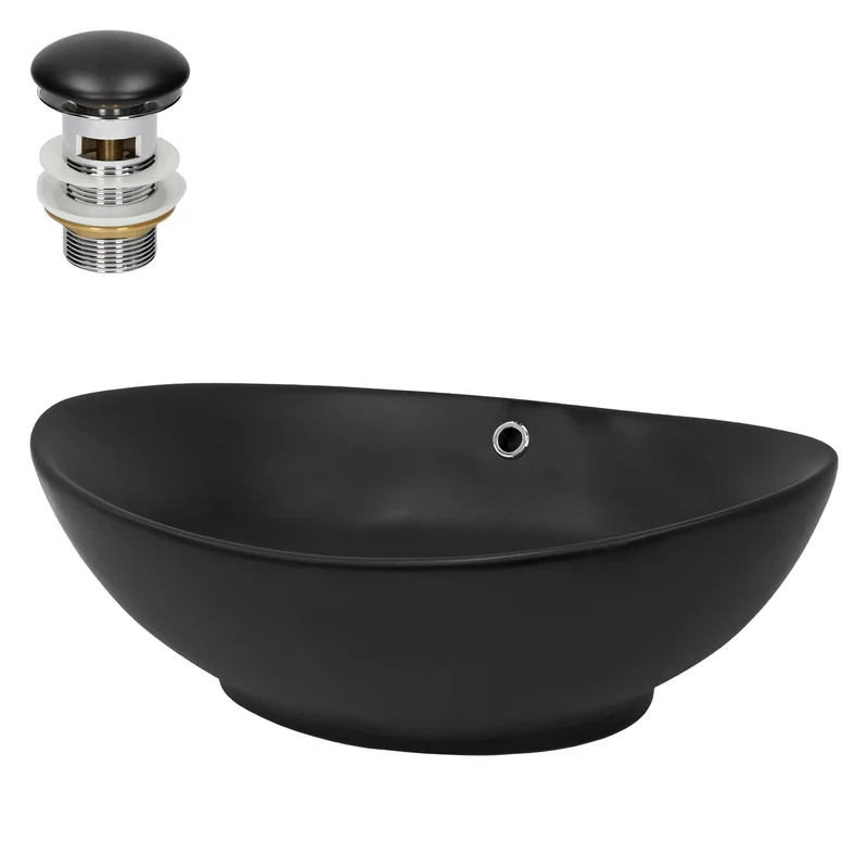 Waschbecken inkl. Ablaufgarnitur Schwarz mit Überlauf 59x38x19 cm Schwarz aus Keramik LuxeBath
