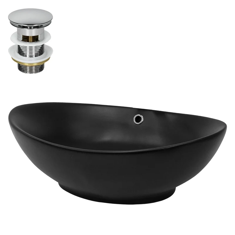 Waschbecken inkl. Ablaufgarnitur Silber mit Überlauf 59x38x19 cm Schwarz aus Keramik LuxeBath