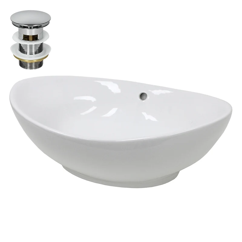 Waschbecken inkl. Ablaufgarnitur Silber mit Überlauf 59x39x20 cm Weiß aus Keramik LuxeBath