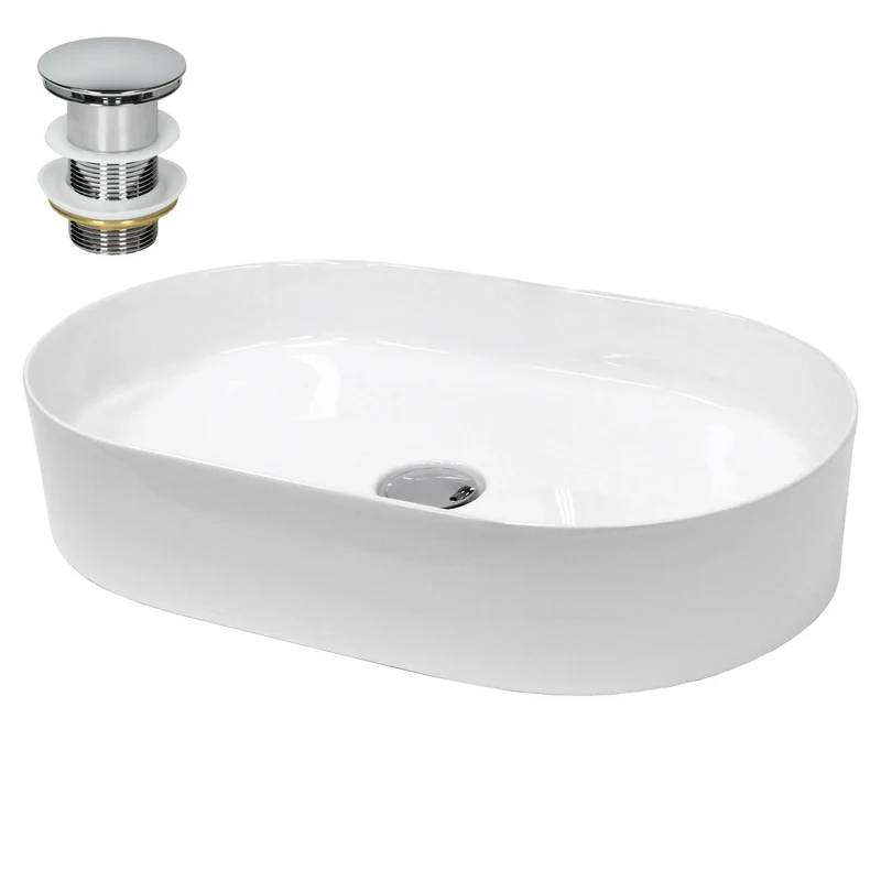 Waschbecken inkl. Ablaufgarnitur Silber ohne Überlauf 60,5x38x12,5 cm Weiß aus Keramik LuxeBath