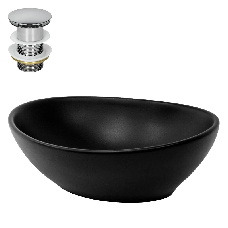 Waschbecken inkl. Ablaufgarnitur Silber ohne Überlauf 41x33,5x14,5 cm Schwarz aus Keramik LuxeBath