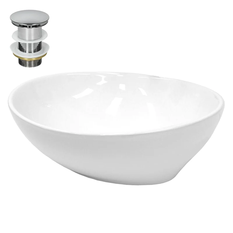 Waschbecken inkl. Ablaufgarnitur Silber ohne Überlauf 41x33x14,2 cm Weiß aus Keramik LuxeBath