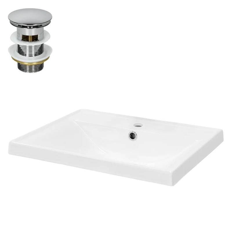 Waschbecken inkl. Ablaufgarnitur Silber mit Überlauf 51x41,5x15,5 cm Weiß aus Keramik LuxeBath
