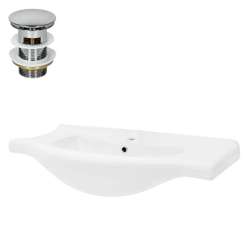 Waschbecken inkl. Ablaufgarnitur Silber mit Überlauf 86x51,5x21,5 cm Weiß aus Keramik LuxeBath