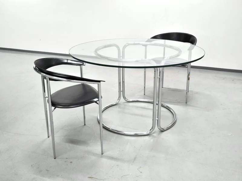 SPACE AGE GLASTISCH rund tisch esstisch büro postmodern chrom glas designer