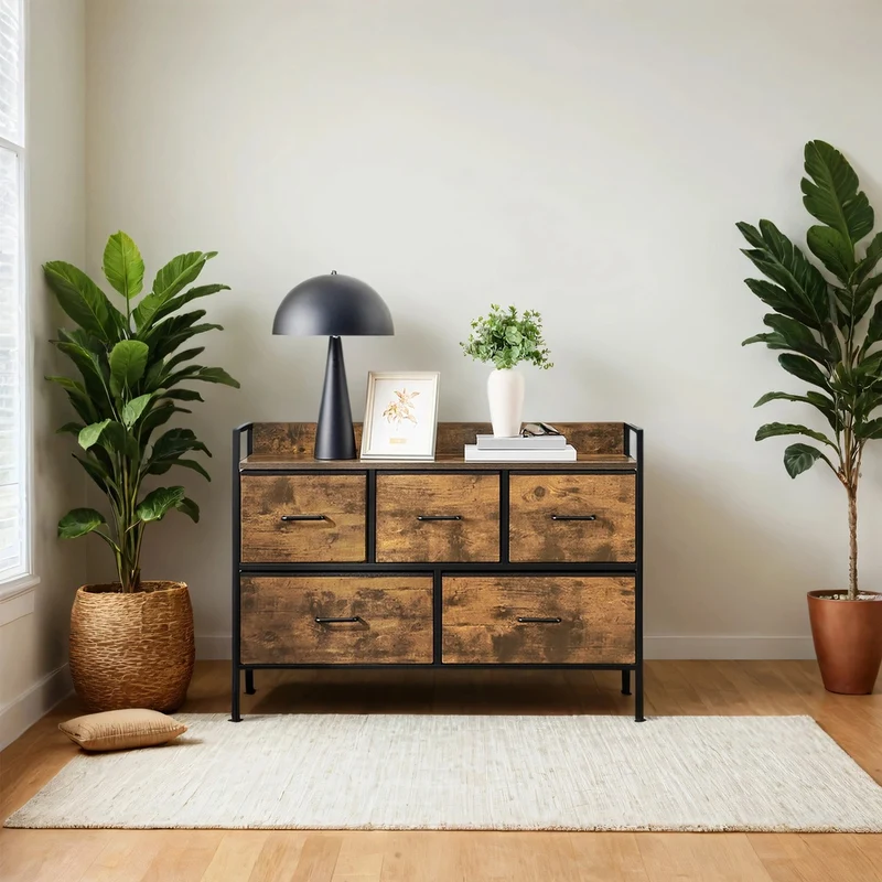 SONGMICS Kommode, Schrank, 5 Stoffschubladen mit Griffen