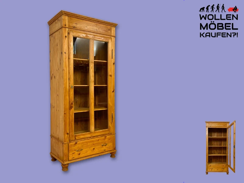 WMK I Eleganter antiker Schrank aus massivem Kiefernholz mit Glastüren & Schublade