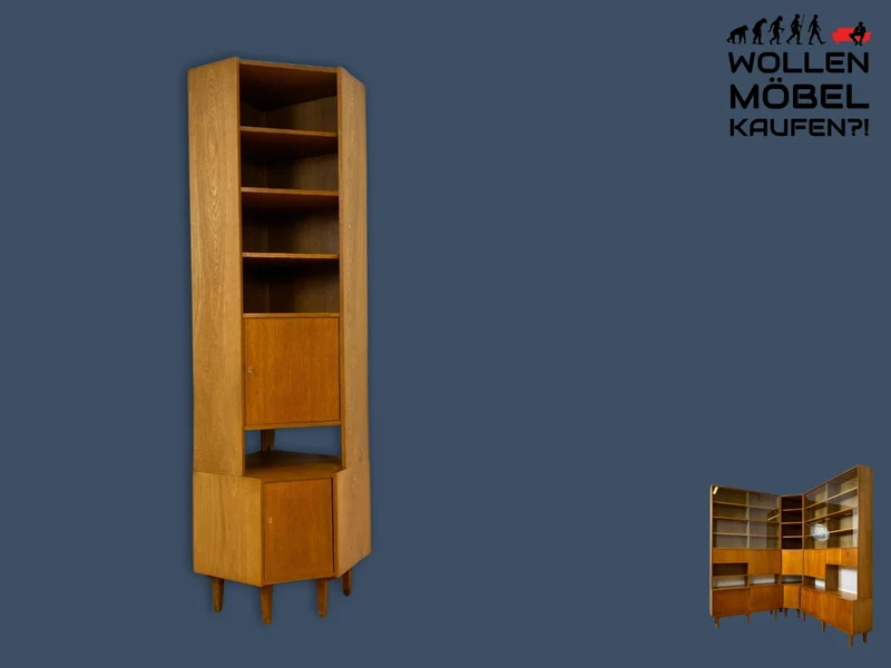 WMK I Hochwertiger hoher Mid-Century Eckschrank I Vollholz in Eiche I mit verstell. Regalböden I Eckregal Highboard Bücherschrank Büchervitrine Regalwand Regal Wohnwand Vintage 50er 60er I