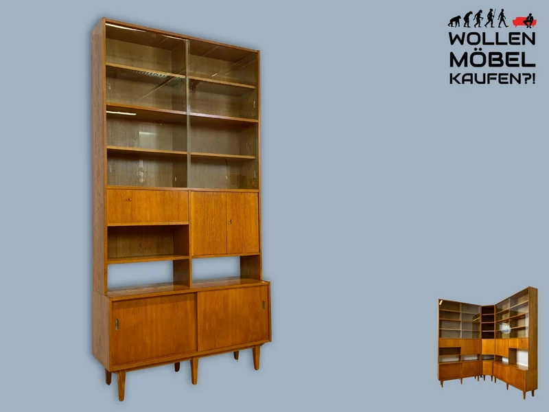WMK I Hochwertiger großer Mid-Century Bücherschrank I Vollholz in Eiche I mit Vitrine und Schiebetüren I Büchervitrine Highboard Regalwand Eckregal Eckschrank Regal Wohnwand Vintage 50er 60er