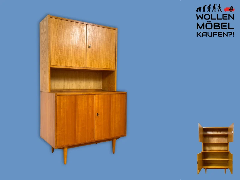 WMK I Stilvolles helles Mid-Century Highboard aus 1962 I Vollholz in Kirsche I Schrank Bücherschrank Wohnzimmerschrank Kommode Sideboard Bücherschrank 60er Vintage DDR Retro I