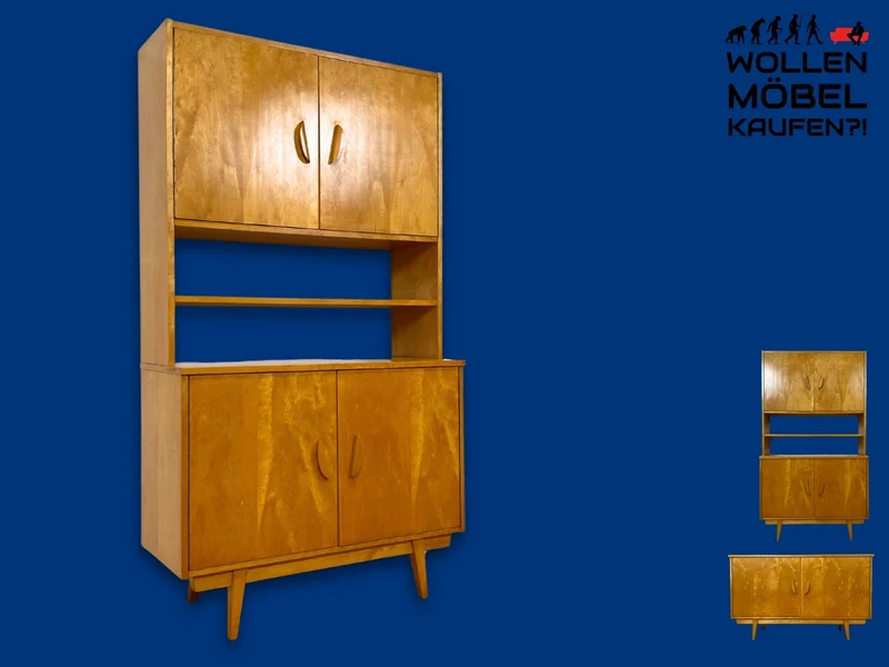 Stilvolles helles Mid-Century Highboard aus vollem Holz in Birke mit hübschen Holzgriffen