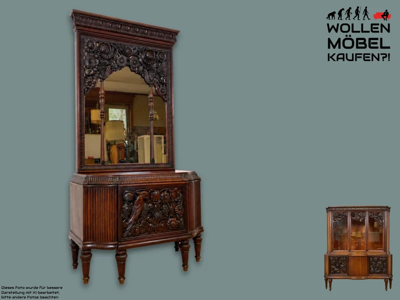 Edle antike Spiegelkommode aus vollem Holz handverziert mit floralem Ornamenten.