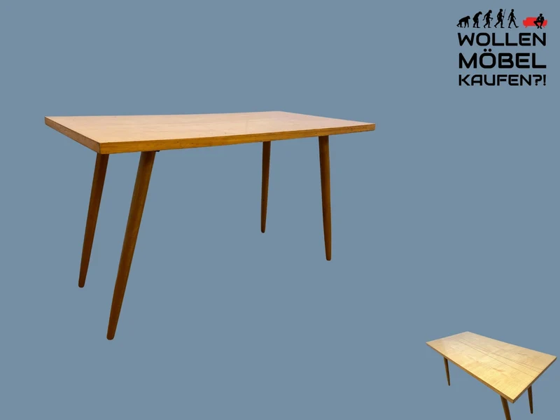 Minimalistischer heller Mid-Century Couchtisch mit Intarsien und zeittypischen konischen Tischfüßen