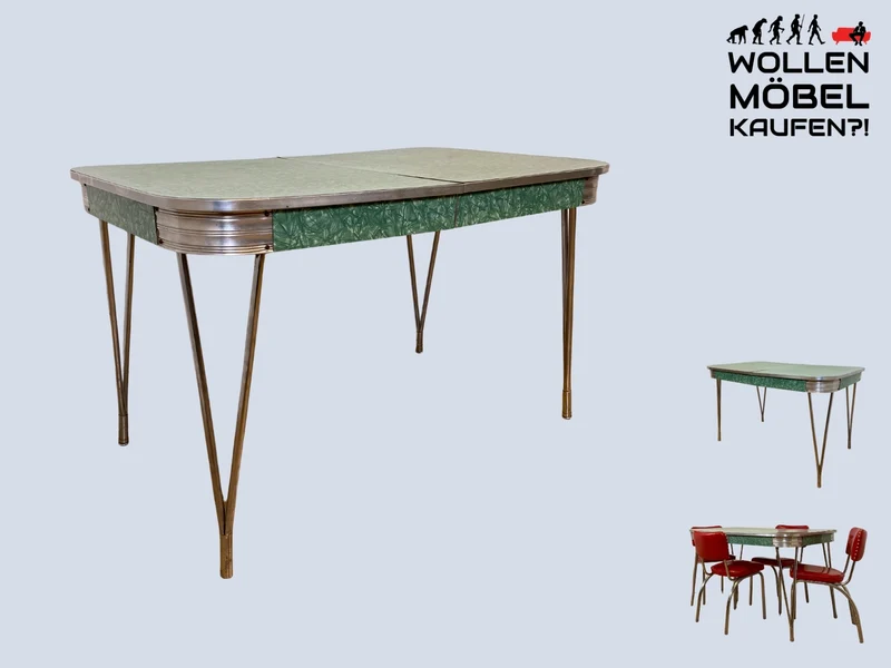 WMK I Kultiger ausziehbarer amerikanischer 50er Jahre Chromline Diner Table mit Resopal Tischplatte & Chrom Gestell