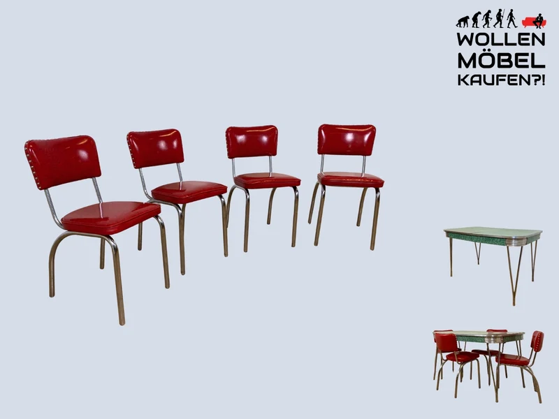 WMK I 4er Set amerikanischer 50er Jahre Chromline Diners mit neuwertigem Kunstleder Bezug & Chrom Gestell
