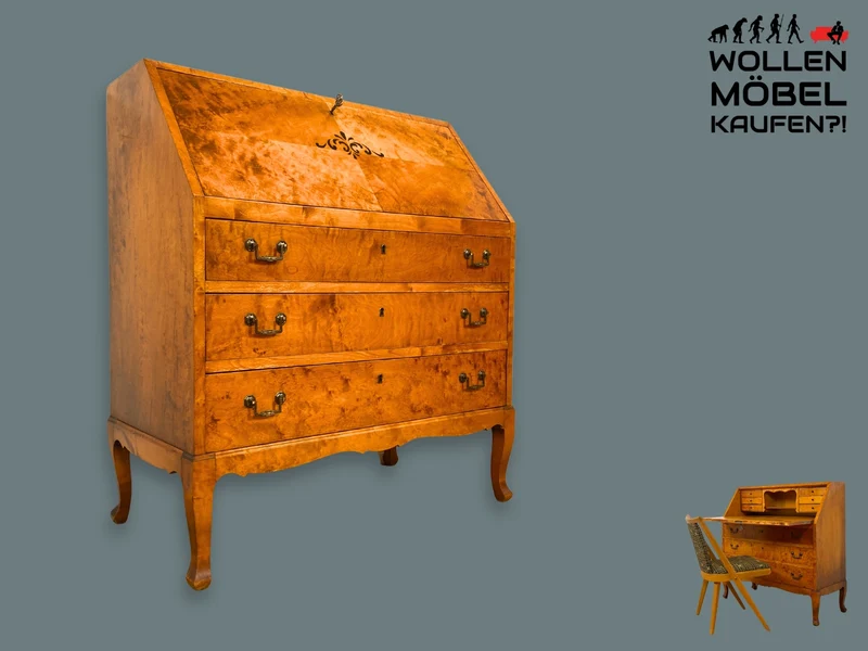 WMK I Besonders schöner skandinavischer Mid-Century Sekretär aus vollem Holz mit Intarsien