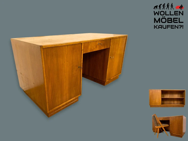 WMK I Minimalistischer freistehender Mid-Century Schreibtisch aus vollem Holz mit Regal Rückseite