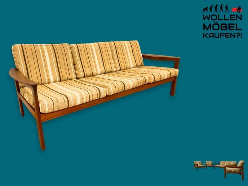 WMK I Stilvolles skandinavisches Mid-Century Sofa von Komfort mit gestreiftem beigem Originalbezug & Teakholz Rahmen