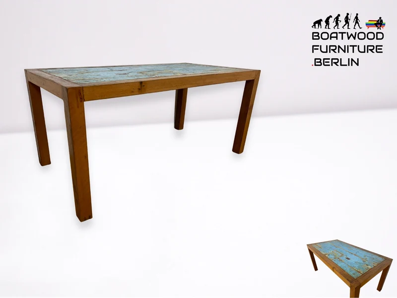 Boatwood by WMK I Meeresblauer 170x90cm großer Esstisch handgefertigt aus altem Bootsholz in Originalfarben