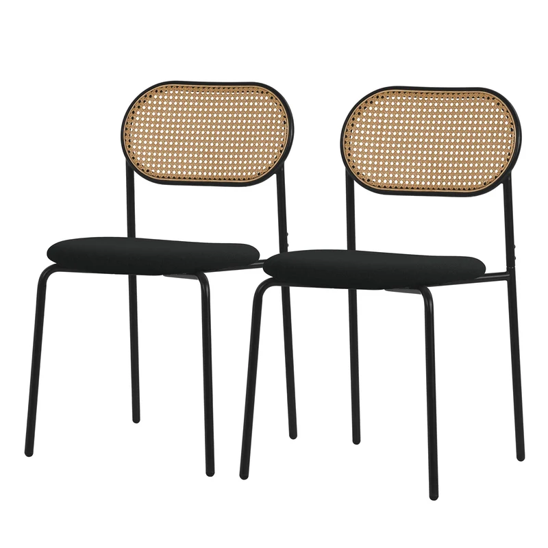 B-Ware Esszimmerstuhl 2er Set Schwarz bis 120 kg Rattan Rückenlehne ML-Design