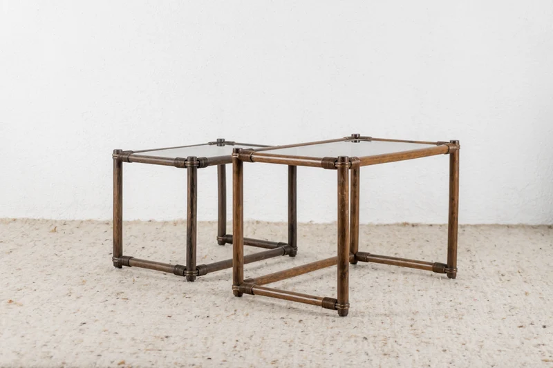 Vintage Beistelltisch 2er Set Couchtisch Holz Rauchglas