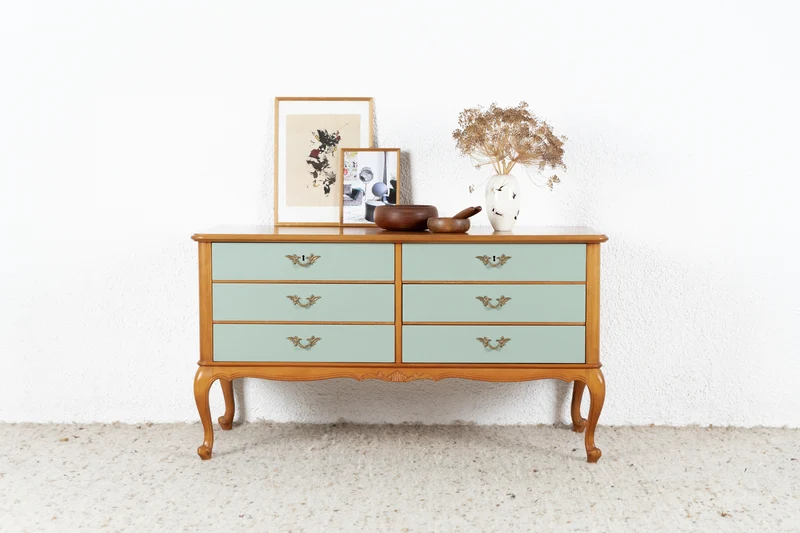 Vintage Kommode Schubladen Sideboard Holz Antik Salbei
