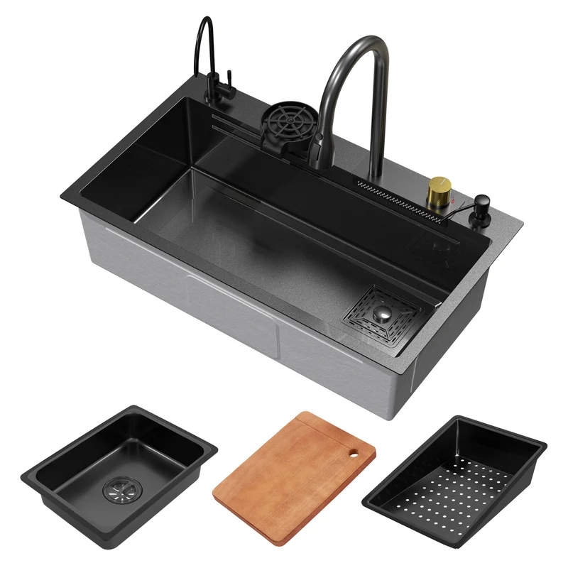 B-Ware Einbauspüle mit Wasserhahn Komplett Set 8-teilig Anthrazit 80x46 cm aus Edelstahl ML-Design