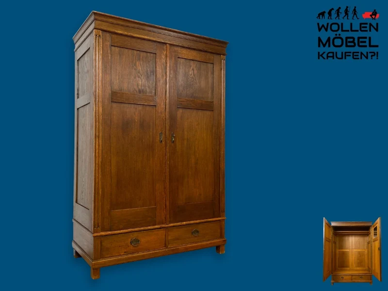 WMK I Eleganter antiker Kleiderschrank aus vollem Holz mit Kleiderstange und Schubladen