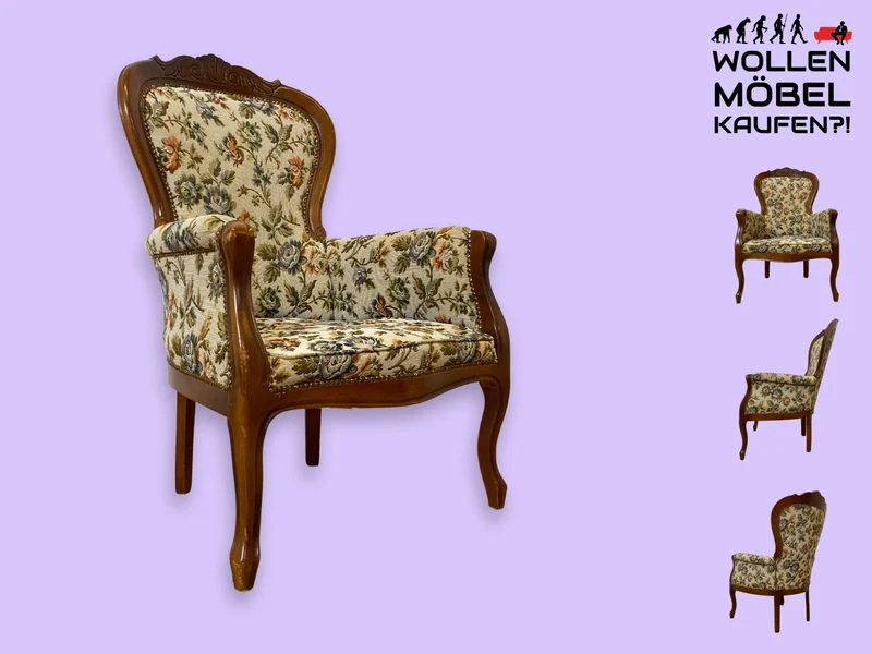 WMK I Wunderschöner und sehr gut erhaltener Vintage Sessel mit floralem Originalbezug & handverziertem Holzrahmen