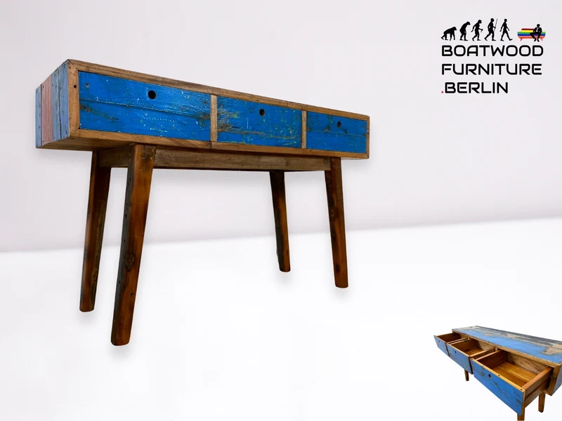Boatwood by WMK I Einzigartige blaue Konsole handgefertigt aus altem Bootsholz in Originalfarbe mit Schubladen