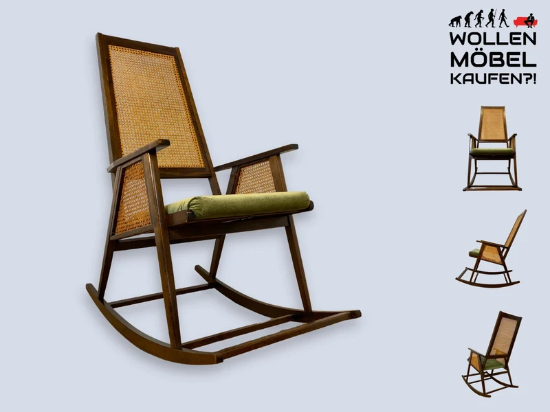 WMK I Stilvoller und sehr gut erhaltener Mid-Century Schaukelstuhl mit Wiener Geflecht mit grünem Polster