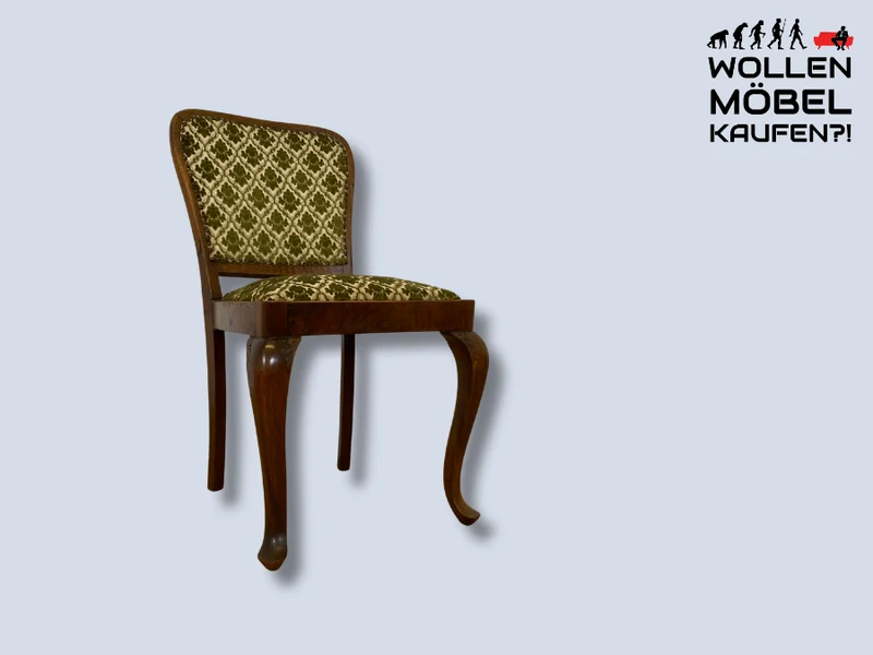 WMK I Sehr eleganter handverzierter 30er Jahre Chippendale Esszimmerstuhl mit hochwertigem Brokat Bezug
