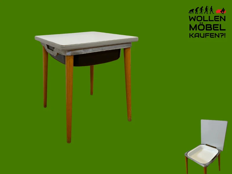WMK I Praktischer Mid-Century Waschhocker mit klappbarem Sitz & herausnehmbarer Emaille Schüssel