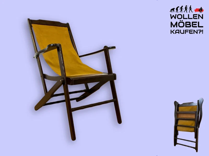 WMK I Eleganter & hochwertiger dunkler Mid-Century Klappsessel mit Stoff in Senf Gelb