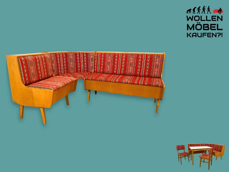 WMK I Besonders schöne Mid-Century Kücheneckbank mit rotem Originalbezug und praktischen Staufächern