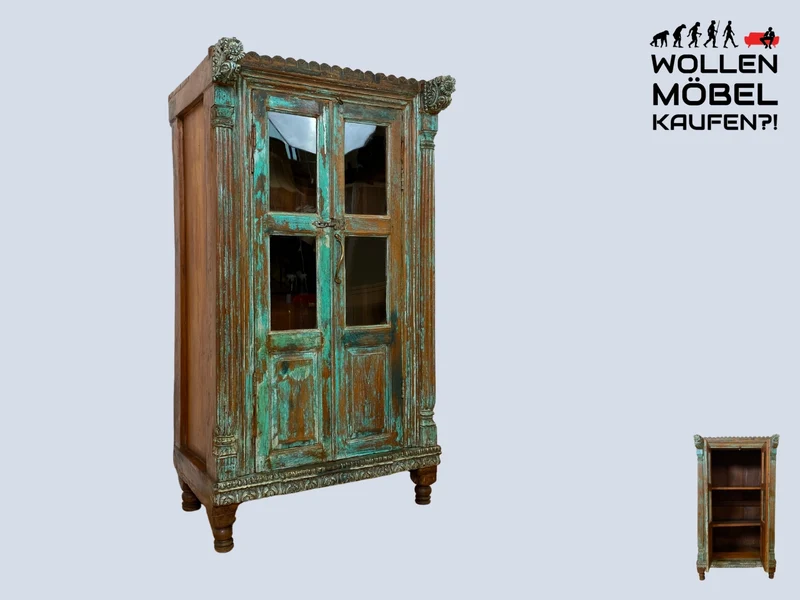 WMK I Einzigartiger Schrank aus antiker handverzierter Tür und charaktervollem massivem Altholz I Vitrine Wäscheschrank Flurschrank Highboard Cabinet Shabby Chic Vintage Boho I Berlin NRW Hamburg