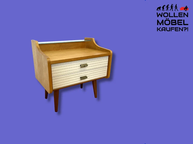 WMK I Formschöner heller Mid-Century Nachttisch mit Schubladen und konischen Füßen