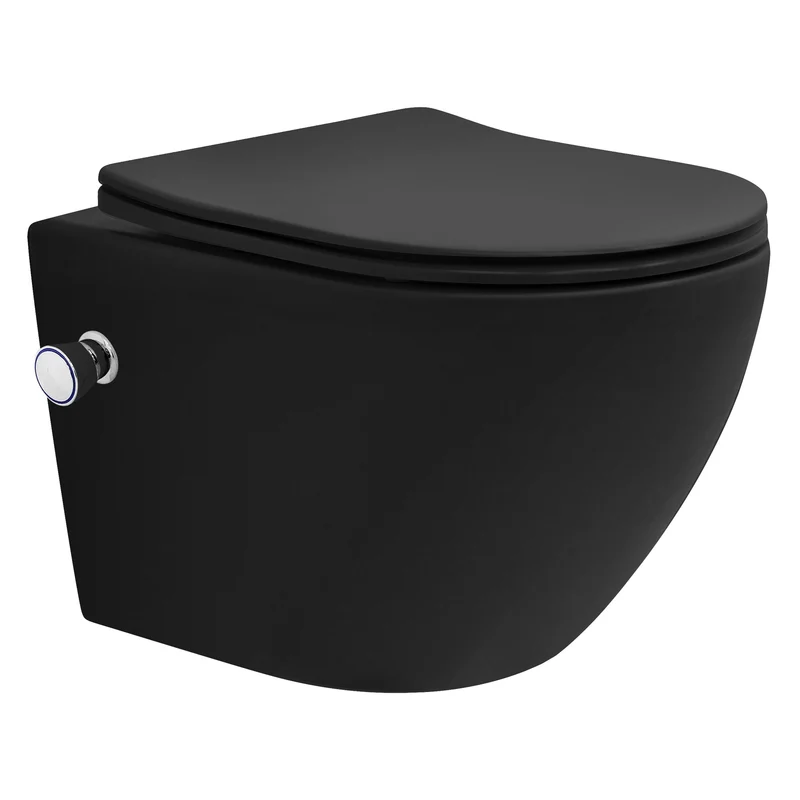 Wand-WC Hänge Toilette aus Keramik Matt Schwarz 49 cm kurz Spülrandlos mit Bidet, Nanoversiegelung & Softclose Luxebath