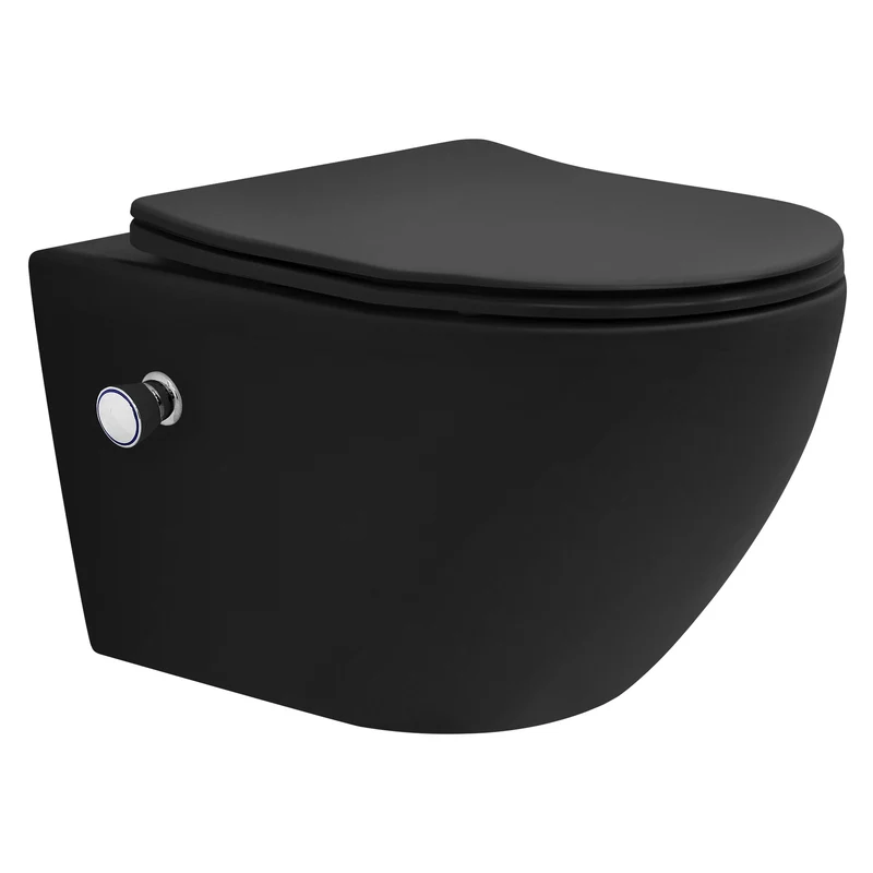Wand-WC Hänge Toilette aus Keramik Matt Schwarz 54 cm lang Spülrandlos mit Bidet, Nanoversiegelung & Softclose Luxebath
