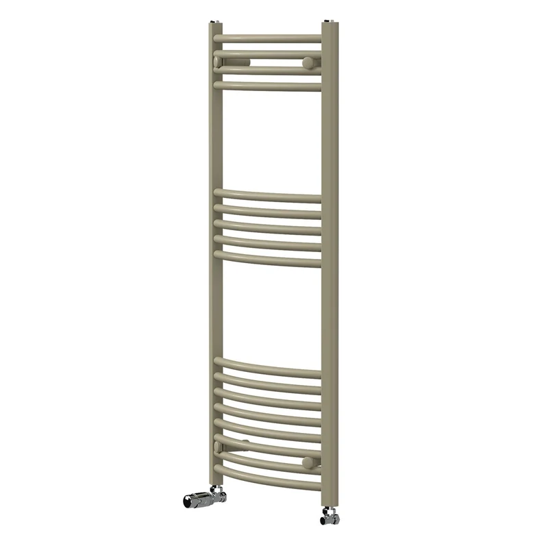 LuxeBath | Handtuchheizkörper Sahara mit Thermostatventil 500x1200mm Stahl Beige Badheizkörper gebogen Seitenanschluss Handtuchtrockner für Badezimmer