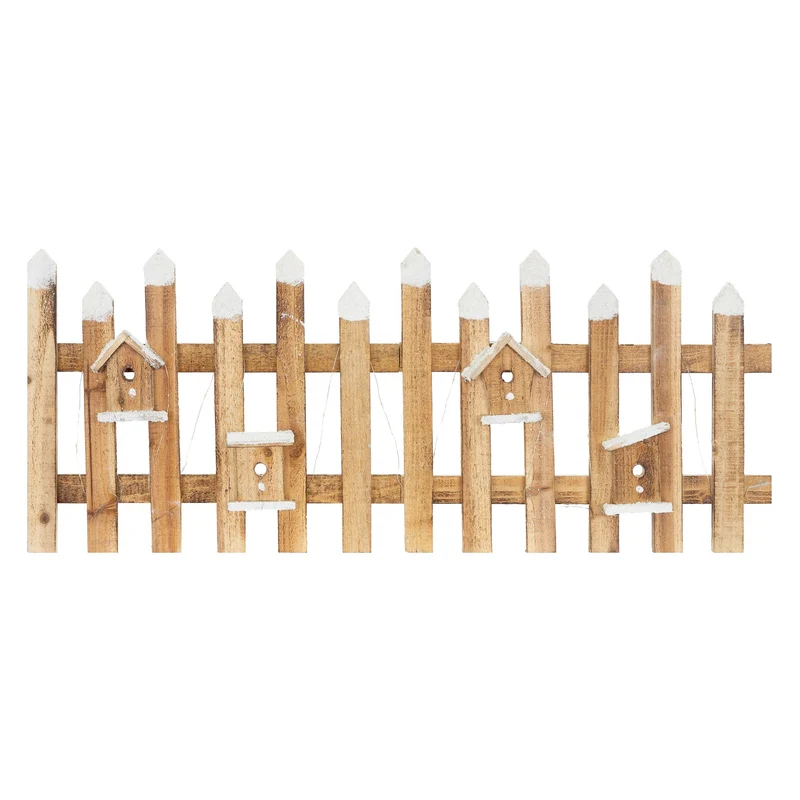 Deko Weihnachtszaun mit LED natur 98x39 cm aus Holz inkl. Vogelhäuschen