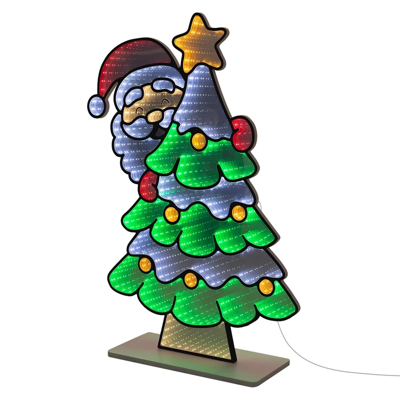 ECD Germany | Weihnachtsdeko Weihnachtsbaum mit Weihnachtsmann LED Infinity Mirror 58x80 cm Weihnachtsbeleuchtung Innen 3D Spiegel Lichterkette Timer