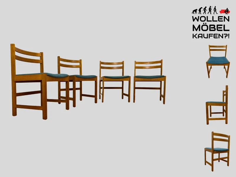 WMK I Set aus 4 minimalistischen skandinavischen Mid-Century Stühlen mit neuem Bezug in Petrolblau