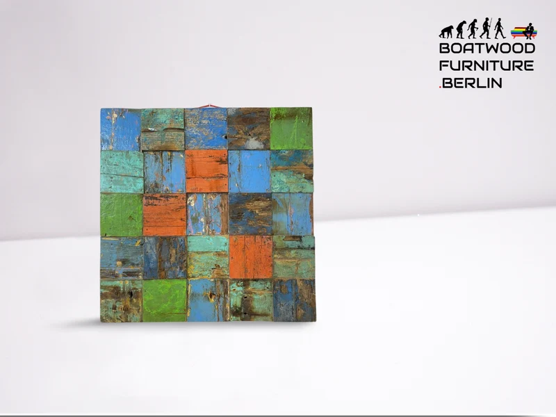 Boatwood by WMK # Großes Patchwork Wandbild 100x100cm, ein handgefertigtes Unikat aus recyceltem Bootsholz