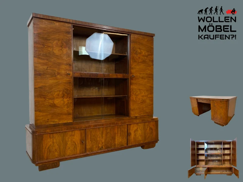 WMK I Imposanter 30er Jahre Art Deco Wohnzimmerschrank I Vollholz in edlem Walnuss