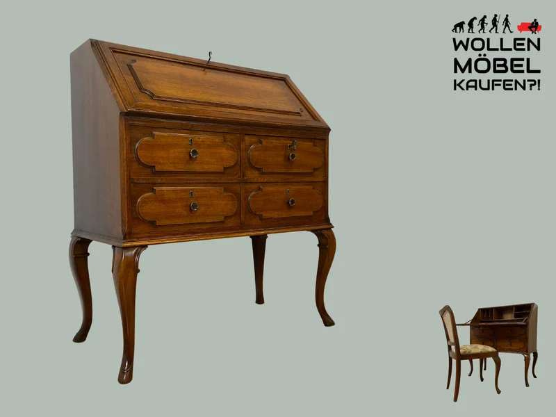 WMK I Eleganter 60er Jahre Sekretär im antiken Stil mit Messingbeschlag