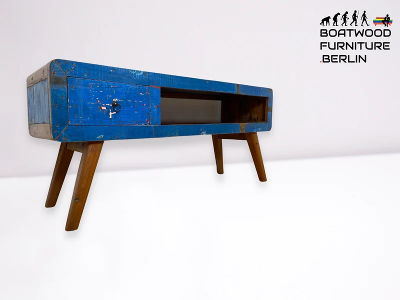 Boatwood by WMK I Einzigartiges handgefertigtes TV Lowboard aus altem Bootsholz in Blau mit Schublade und Fach I Teakholz massiv