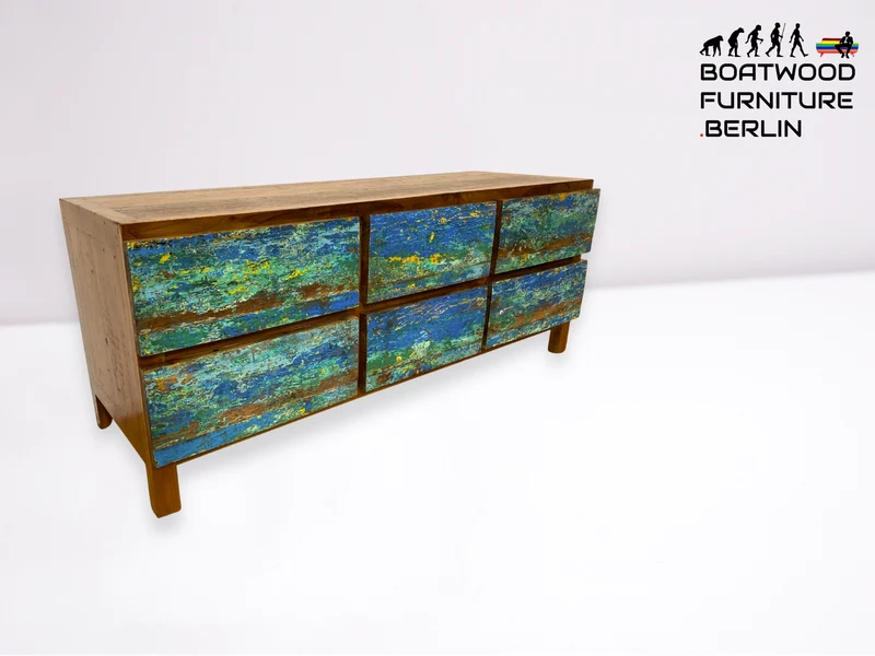 Boatwood by WMK I Besonders schönes handgefertigtes Sideboard aus altem Bootsholz mit Schubladen