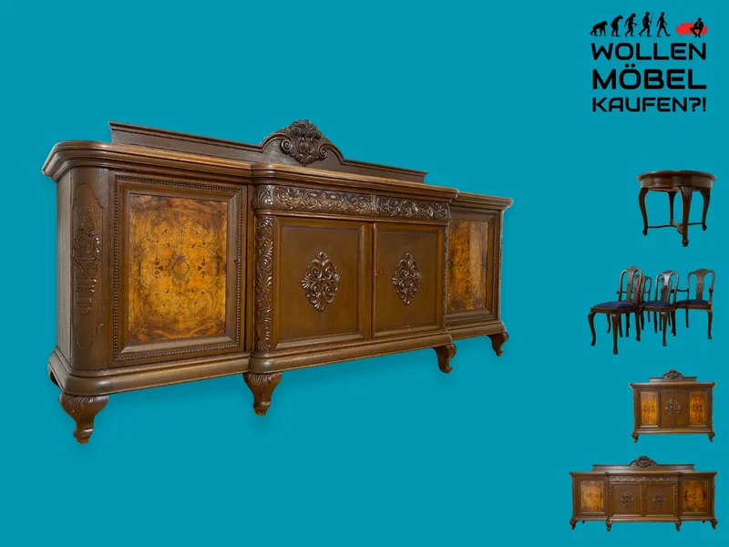 WMK I Mächtige antike Anrichte aus massiver Eiche, handverziert, mit ausziehbaren Marmor Ablage