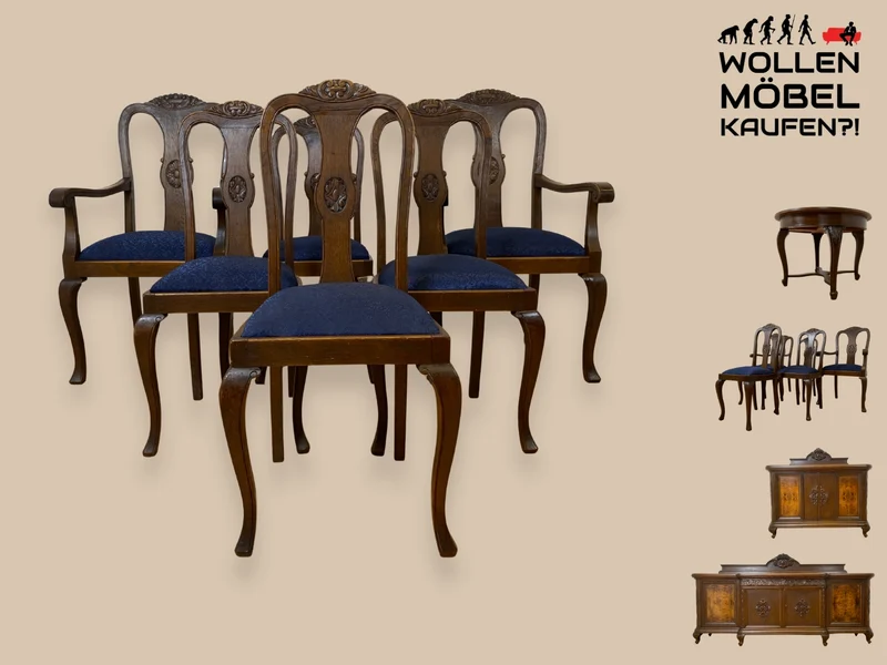 WMK I Set aus 6 eleganten und sehr gut erhaltenen antiken Stühlen aus Eichenholz mit feinem Brokat Bezug
